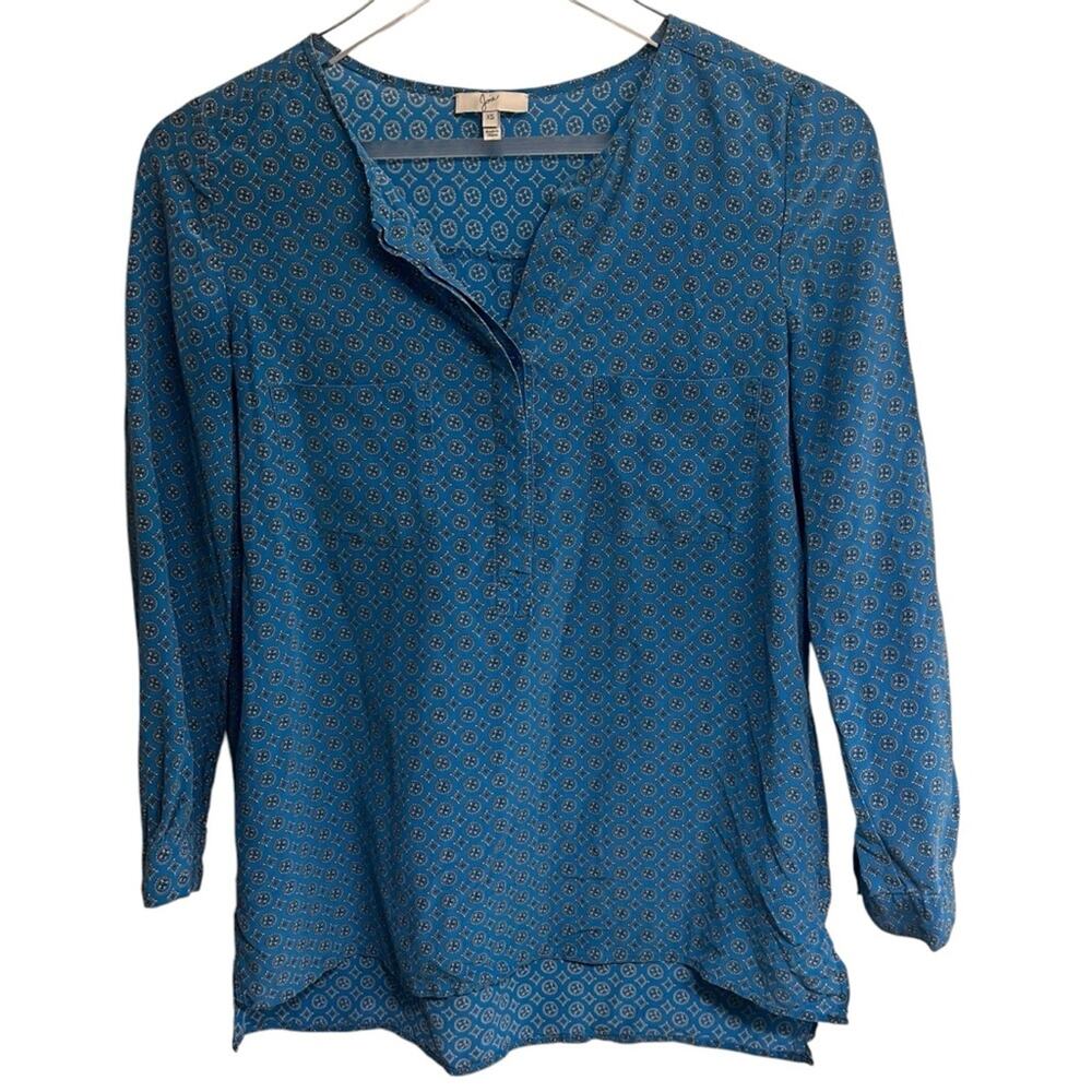 Joie 100% Silk | Women’s XS Blouse Blue, Geometric Pattern, Popover, 3/4 Sleeves